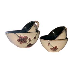 Ceramic Measuring Cups Set of 4 Floral Design Nested Brown Beige Handcrafted